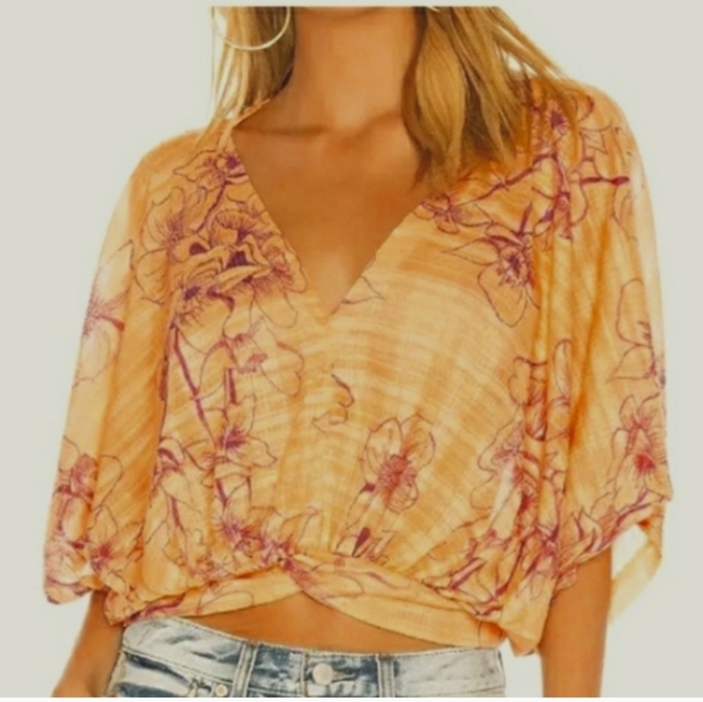 Free People Tangerine/Purple Floral One Dance Kimono-Sleeve Cropped Top Sz S/P